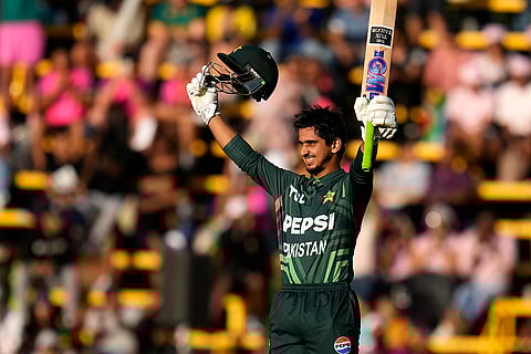 RSA Vs PAK 3rd ODI: Pakistan's Saim Ayub raises his bat and hemet after reaching his century
