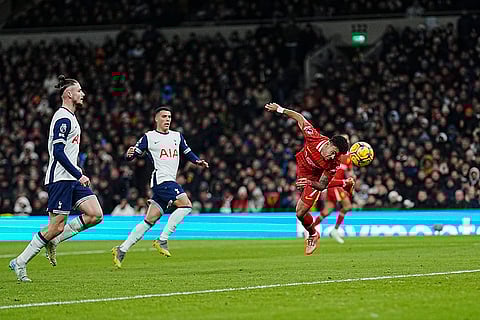 EPL 2024-25: Liverpool's Luis Diaz heads the ball to score the opening goal
