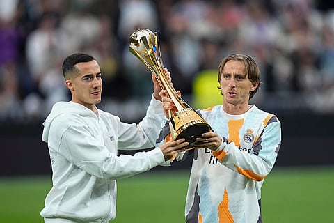 La Liga 2024-25: Real Madrid's Endrick and his teammate Luka Modric hold the Intercontinental Cup