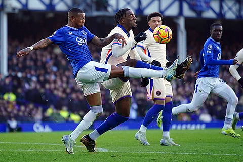 EPL 2024-25: Everton's Ashley Young and Chelsea's Axel Disasi battle for the ball