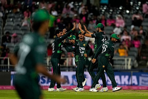 RSA Vs PAK 3rd ODI: Pakistan's Sufyan Moqim, left, celebrates with his teammates after dismissing South Africa's Marco Jansen