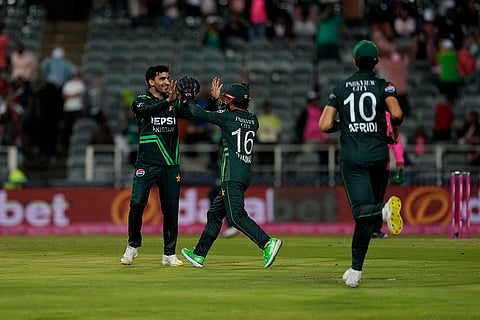 RSA Vs PAK 3rd ODI: Pakistan's Sufyan Moqim, left, celebrate with his captain Mohammad Rizwan