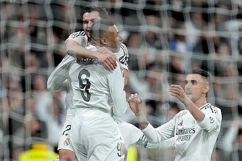 La Liga 2024-25: Real Madrid's Brahim Diaz, top, celebrates after scoring his side's fourth goal