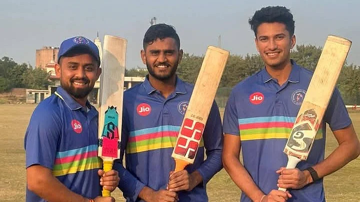 Vishal Jaiswal, Urvil Patel and Aarya Desai from the Gujarat cricket team.