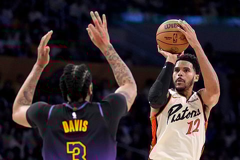 NBA 2024-25: Pistons forward Tobias Harris shoots over Lakers forward Anthony Davis