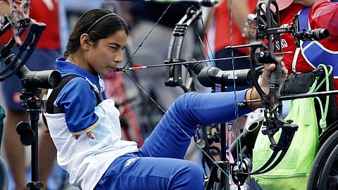 Archer Sheetal Devi from India prepares to fire during the Paralympic Games in Paris on Thursday, Aug. 29, 2024.