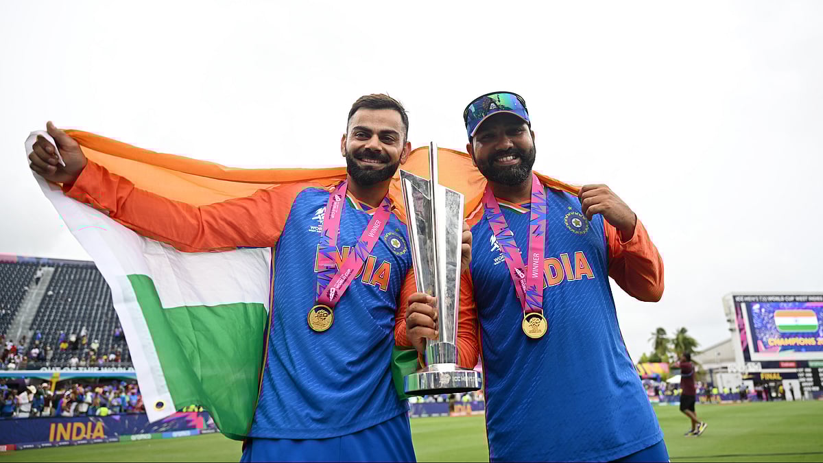 Photo: X | BCCI : Indian batters Rohit Sharma and Virat Kohli with the ICC T20 World Cup 2024.