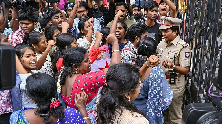 Members of the Students' Federation of India (SFI) stage a protest against the alleged sexual harassment of a girl student of Anna University that happened outside the university, in Chennai, Wednesday, Dec,25. 2024. - PTI