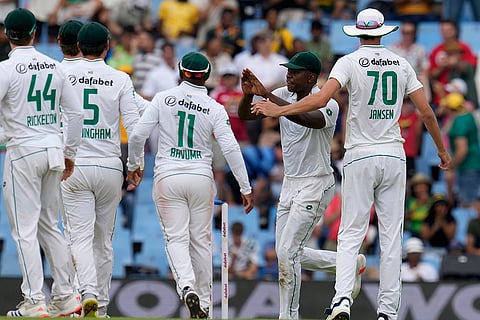 SA vs PAK 1st Test Day 1: South Africa's Kagiso Rabada, second from right, celebrates with teammates after taking a catch