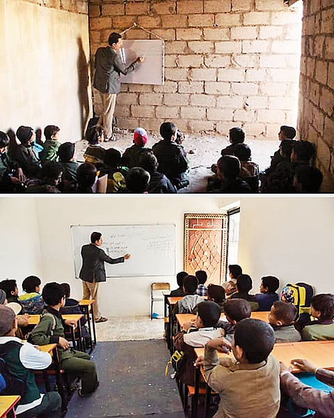 War Lessons: (Top) A photograph clicked in 2019 shows a classroom lacking even the most basic facilities. After two months, benches, a board and a door were provided with the funds that were raised  (Bottom)
