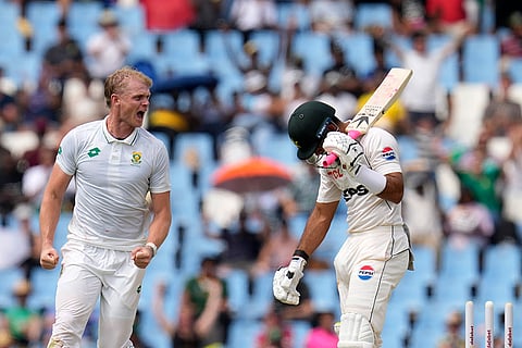 SA vs PAK 1st Test Day 1: South Africa's Corbin Bosch, left, celebrates after bowling out Pakistan's Aamer Jamal