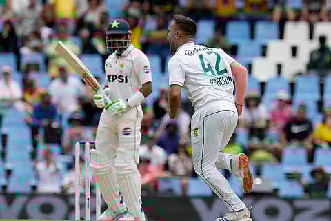 SA vs PAK 1st Test Day 1: South Africa's Dane Paterson, right, celebrates after dismissing Pakistan's Saud Shakeel
