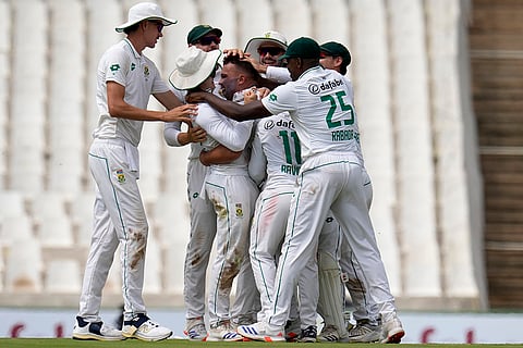 SA vs PAK 1st Test Day 1: South Africa's Dane Paterson, centre, celebrates with teammates after dismissing Pakistan's Salman Agha