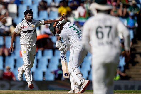 SA vs PAK 1st Test Day 1: Pakistan's Khurram Shahzad celebrates after bowling out South Africa's Tony de Zorzi