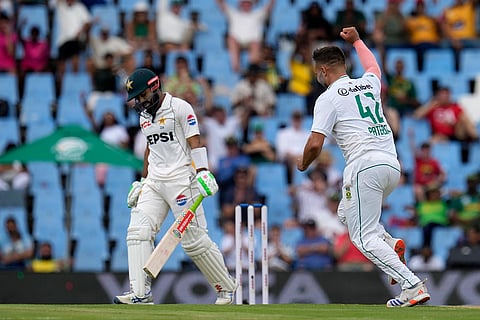 SA vs PAK 1st Test Day 1: South Africa's Dane Paterson, right, celebrates after dismissing Pakistan's Mohammad Rizwan