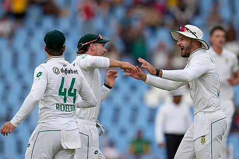 SA vs PAK 1st Test Day 2: South Africa's Tristan Stubbs, centre, celebrates with his teammate Aiden Markam