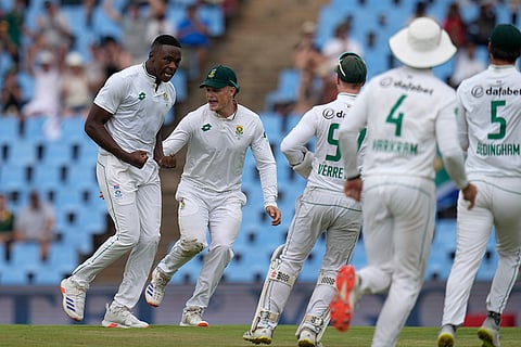 SA vs PAK 1st Test Day 2: South Africa's Kagiso Rabada celebrates after bowling out Pakistan's Saim Ayub