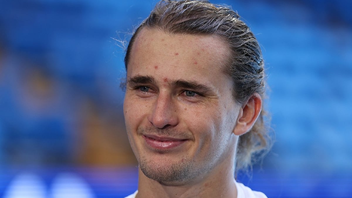 Alexander Zverev addresses the media after a United Cup practice session.