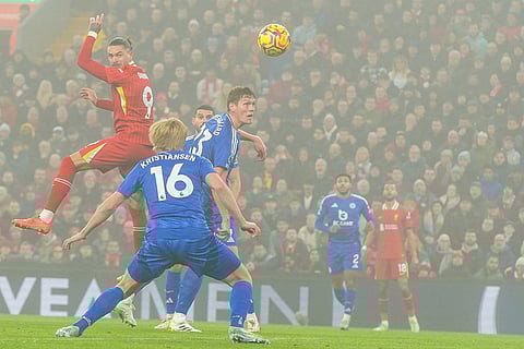 EPL 2024-25: Liverpool's Darwin Nunez heads a ball next to Leicester's Jannik Vestergaard