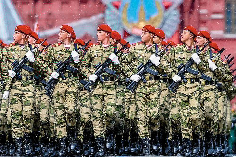 Photo: Getty Images : The Long March: Ceremonial soldiers parade during the 79th anniversary of the Victory Day at the Red Square in Moscow