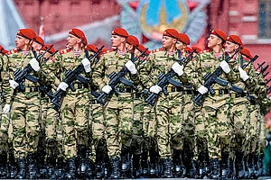 Photo: Getty Images : The Long March: Ceremonial soldiers parade during the 79th anniversary of the Victory Day at the Red Square in Moscow