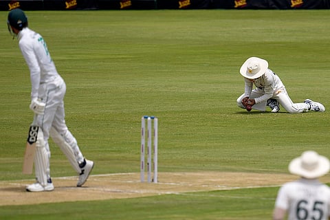 SA vs PAK 1st Test Day 2: Pakistan's Saim Ayub, top right, drops a catch