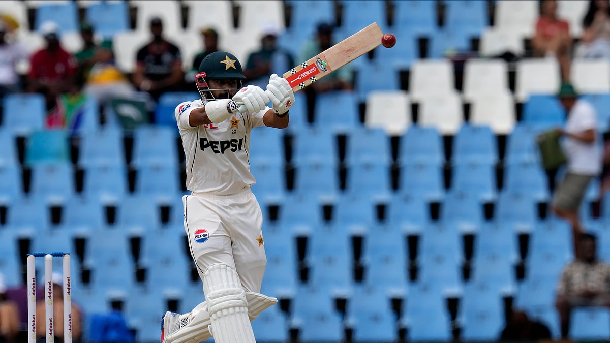 Pakistans Saud Shakeel plays a high ball during day three. AP Photo