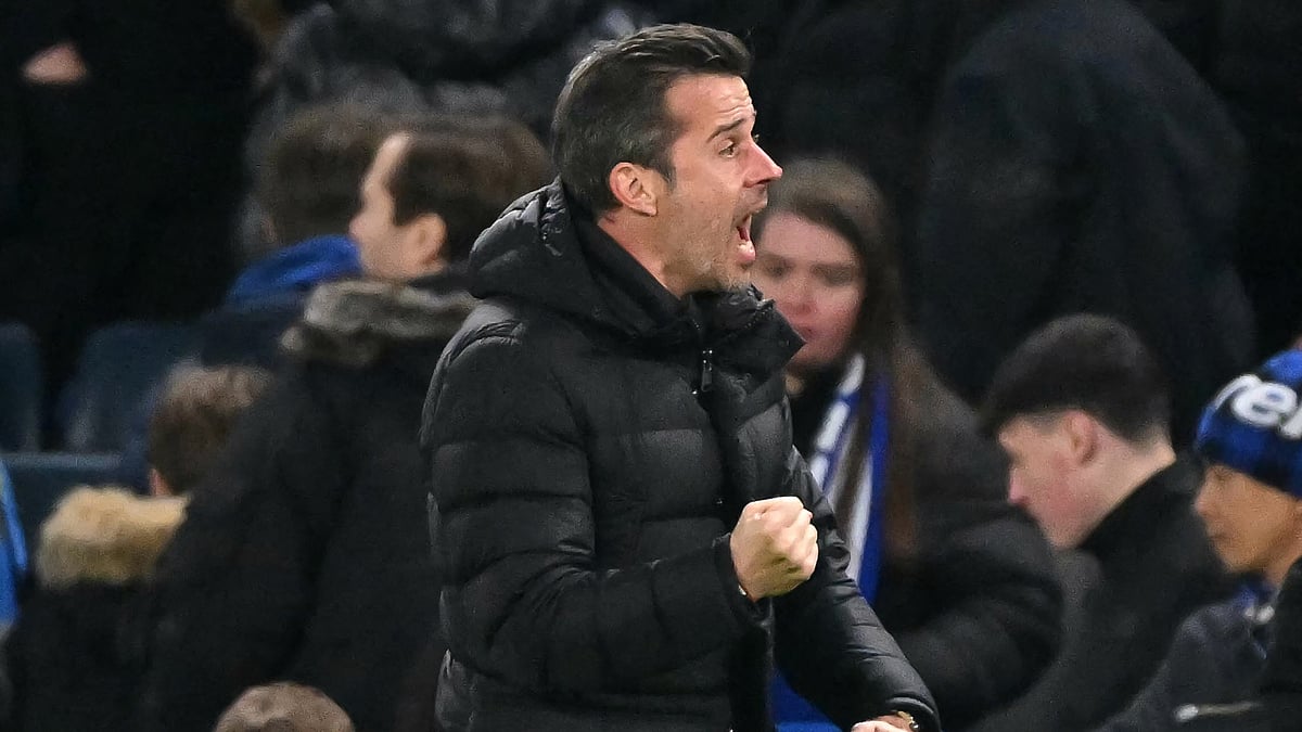 Marco Silva celebrates during Fulham's 2-1 win over Chelsea.
