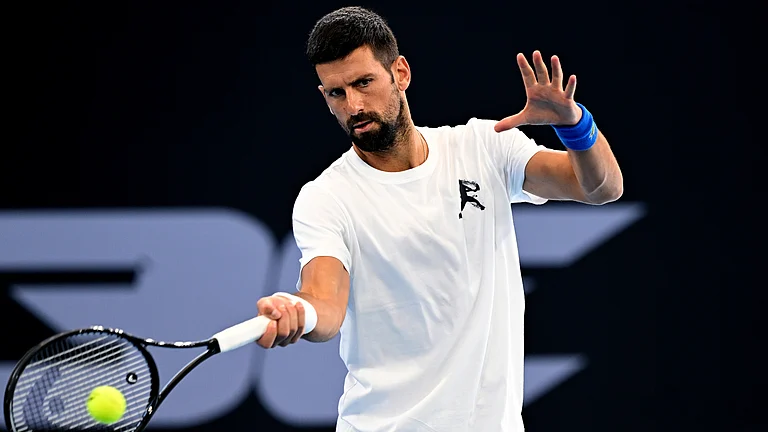 Novak Djokovic pictured on the practice courts in Brisbane - null