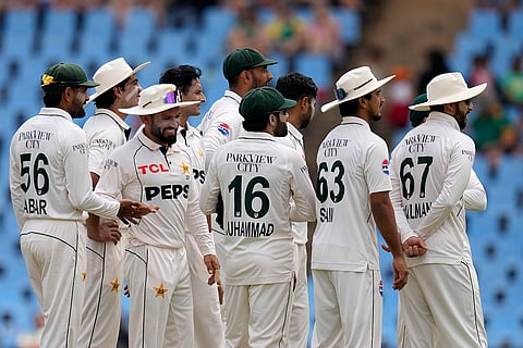 SA vs PAK 1st test Day 4: Pakistan's Mohammad Rizwan, centre, with teammates watch a LBW review x`