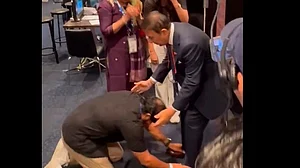 X/BenCameron : Nitish Kumar Reddy father touching Sunil Gavaskar's feet.