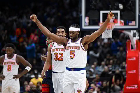 NBA: Knicks forward Precious Achiuwa (5) raises his arms in celebration