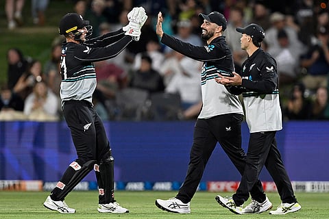 NZ vs SL 2nd T20: New Zealand's Mitchell Hay and Daryl Mitchell celebrate the dismissal of Sri Lanka's Kusal Mendis