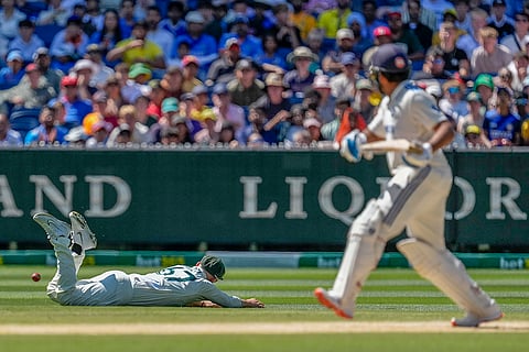 India Vs Australia, 4th Test Day 5: Australia's Nathan Lyon dives unsuccessfully to field a shot played by Rohit Sharma