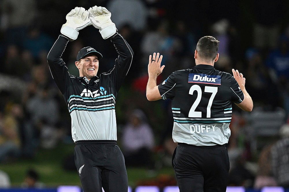 | Photo: Andrew Cornaga/Photosport via AP : NZ vs SL 2nd T20: New Zealand's Mitch Hay and Jacob Duffy celebrate the wicket of Sri Lanka's Kusal Perera