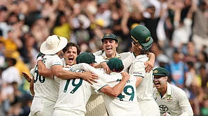 Pat Cummins celebrates Australia's fourth Test win