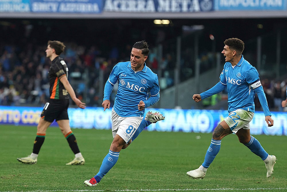| Photo: Alessandro Garofalo/LaPresse via AP : Serie A 2024-25: Napoli's Giacomo Raspadori celebrates after scoring the opening goal