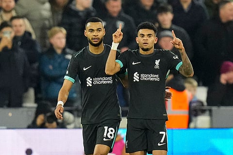 EPL 2024-25: Liverpool's Luis Diaz celebrates with teammate Cody Gakpo after scoring the opening goal