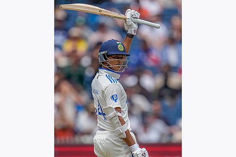 India Vs Australia, 4th Test Day 5: India's Yashasvi Jaiswal raises his bat as he celebrates after scoring fifty runs