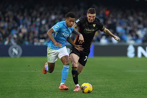 Serie A 2024-25: Napoli's David Neres Campos and Venezia's Franco Carboni in action