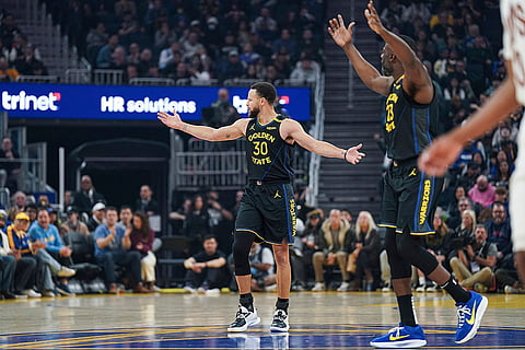 NBA 2024-25: Warriors guard Stephen Curry reacts after a foul call