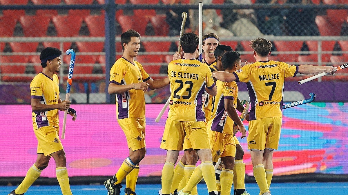 Hyderabad Toofans celebrate after scoring a goal against Delhi SG Pipers