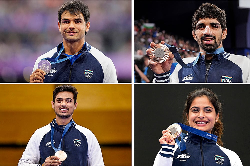 | Photo: PTI : (Left to right clockwise) Neeraj Chopra, Aman Sehrawat, Manu Bhaker and Swapnil Kusale