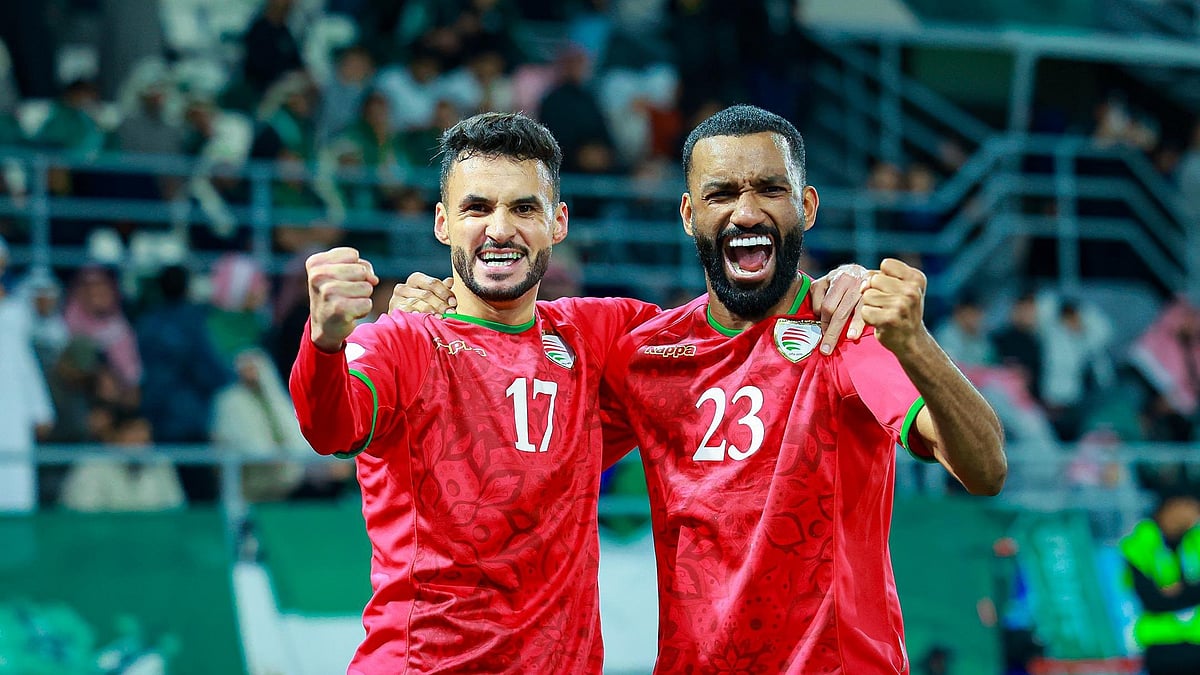 X/Oman_NT : Oman players celebrate after winning the semi-final match.