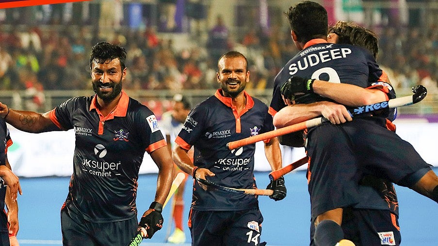 X/ @UPRudras : Sudeep celebrates his goal against Soormas.