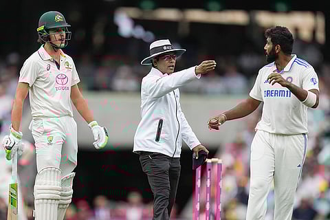 AUS vs IND 5th Test Day1: Umpire Sharfuddoula Saikat, centre, gestures to India's Jasprit Bumrah