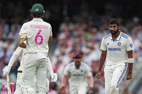 AUS vs IND 5th Test Day1: India's Jasprit Bumra, right, reacts with Australia's Sam Konstas after taking the wicket of Australia's Usman Khawaja