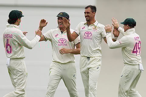 AUS vs IND 5th Test Day1: Australia's Sam Konstas, left, is congratulated by teammates after taking a catch to dismiss India's KL Rahul