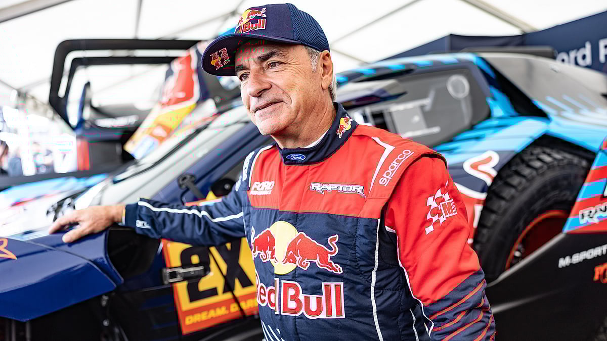 Kin Marcin / Red Bull Content Pool : Carlos Sainz is seen at the Ford Raptor T1+ Announcement for Dakar 2025 at Goodwood festival of speed at Goodwood House, Chichester, United Kingdom on July 12, 2024.