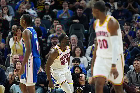 NBA 2024-25: Warriors forward Draymond Green reacts after scoring against the 76ers